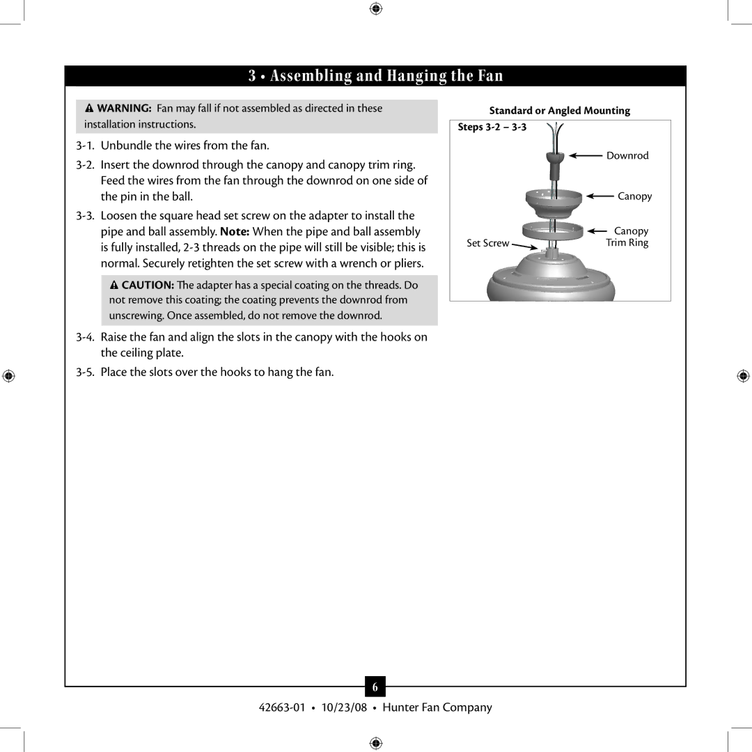 Hunter Fan 20727 installation manual Assembling and Hanging the Fan 