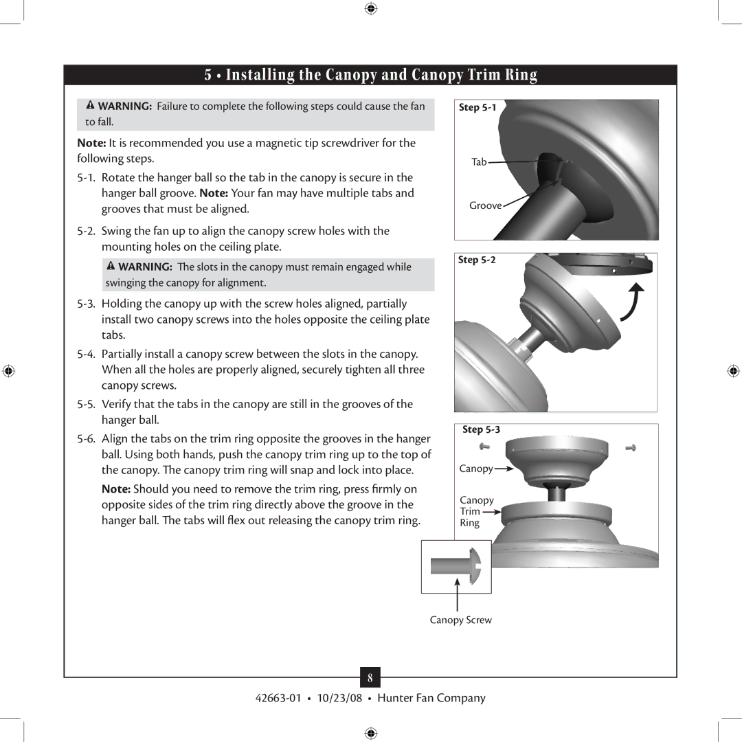 Hunter Fan 20727 installation manual Installing the Canopy and Canopy Trim Ring 