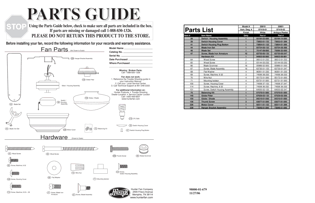 Hunter Fan 20810, 20801 warranty Parts List, Item # Item Name Qnty 