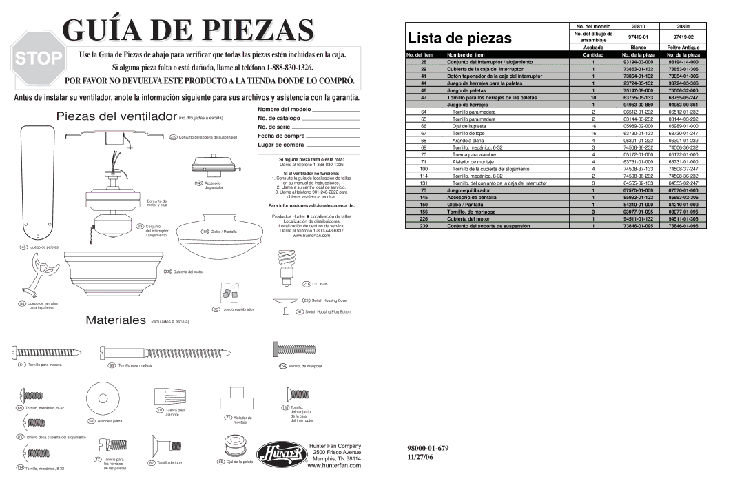 Hunter Fan 20801, 20810 warranty Lista de piezas, No. del ítem Nombre del ítem Cantidad No. de la pieza 