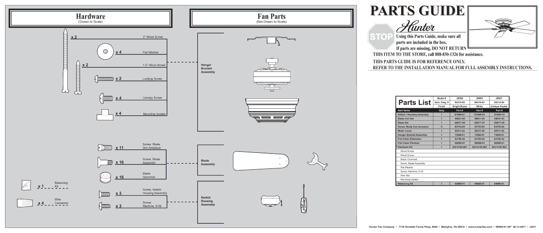 Hunter Fan 20806 installation manual Hardware, Fan Parts, Parts List, Not Drawn to Scale 