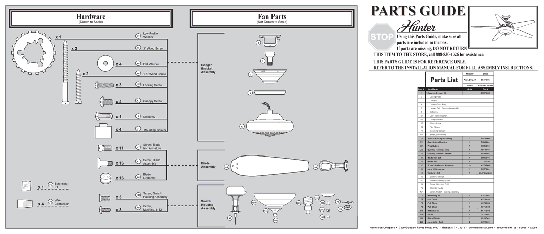 Hunter Fan 21100 installation manual Fan Parts, Parts List, Item # Item Name Qnty 