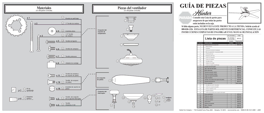 Hunter Fan 21100 installation manual Piezas del ventilador, Lista de piezas, Nombre del ítem 