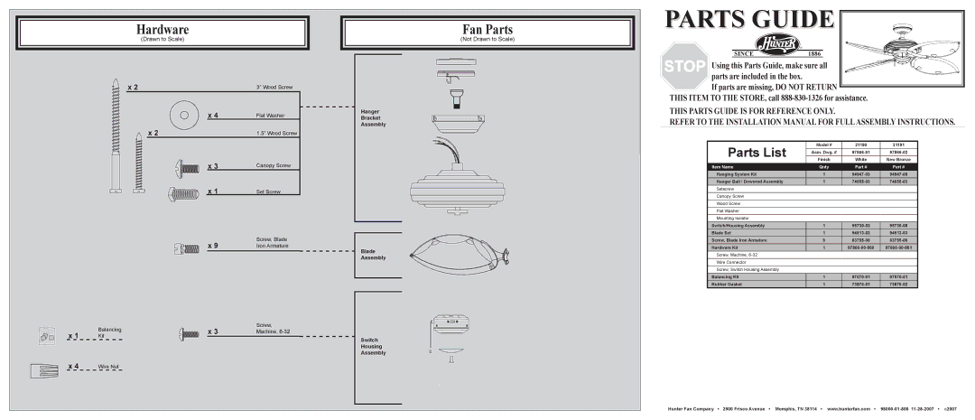 Hunter Fan 21190, 21191 installation manual Hardware, Fan Parts, Parts List, Not Drawn to Scale 