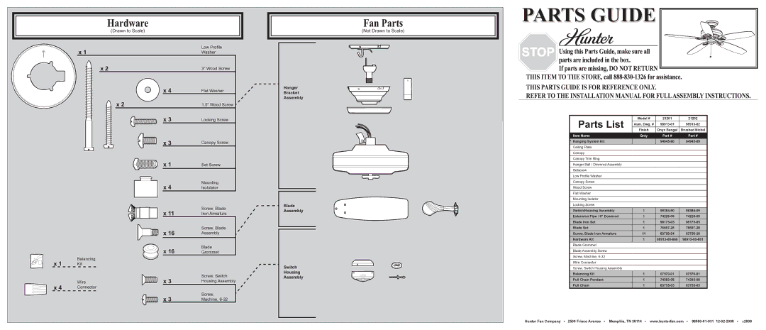 Hunter Fan 21201 installation manual Hardware, Fan Parts, Parts List, Not Drawn to Scale 