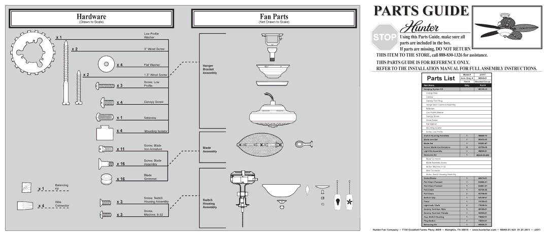 Hunter Fan 21317 installation manual Hardware, Fan Parts, Parts List, Not Drawn to Scale 