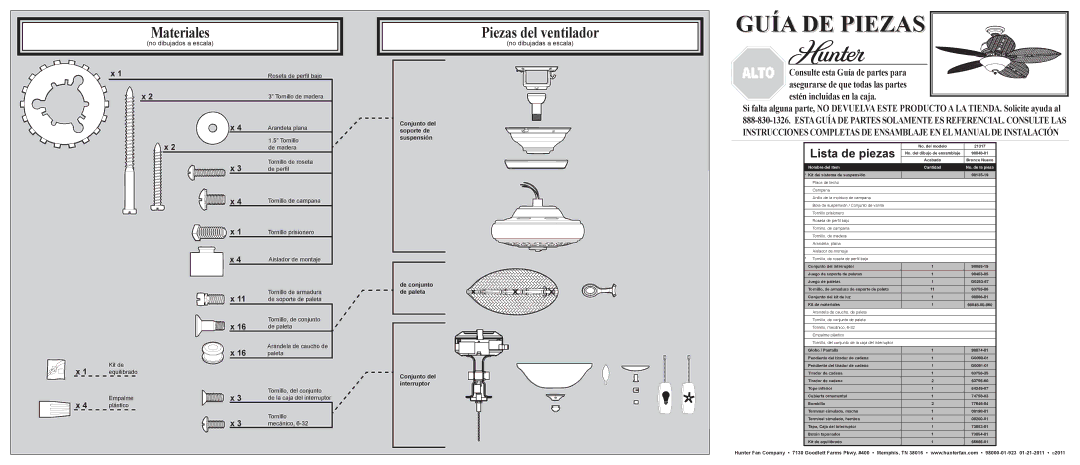 Hunter Fan 21317 installation manual Piezas del ventilador, Lista de piezas, No dibujados a escala, No dibujadas a escala 