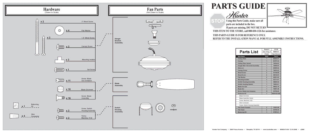 Hunter Fan 21318 installation manual Hardware, Fan Parts, Parts List, Not Drawn to Scale 