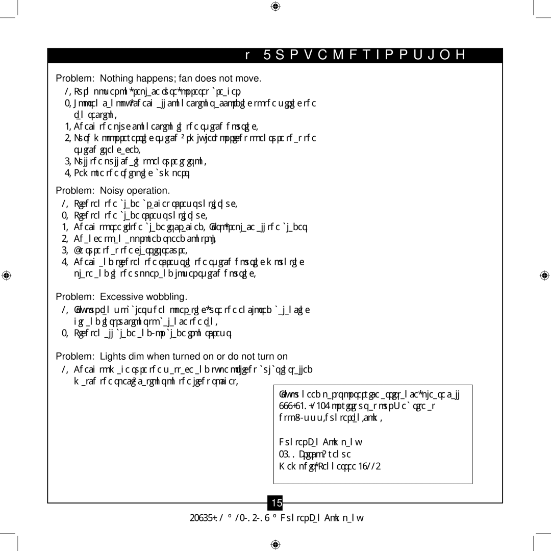 Hunter Fan 21322 installation manual Troubleshooting, Problem Nothing happens fan does not move, Problem Noisy operation 