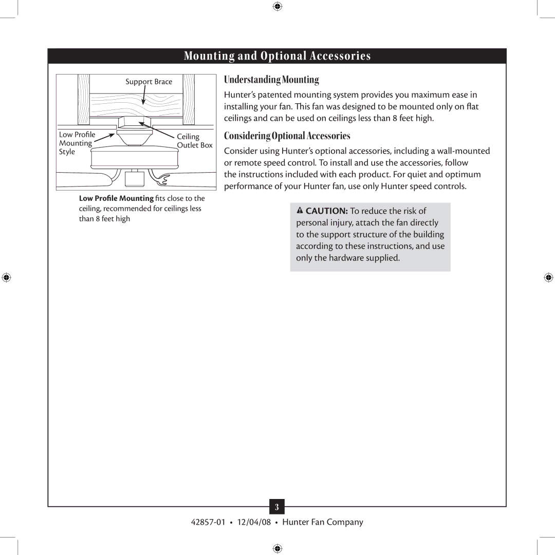 Hunter Fan 21322 installation manual Mounting and Optional Accessories 