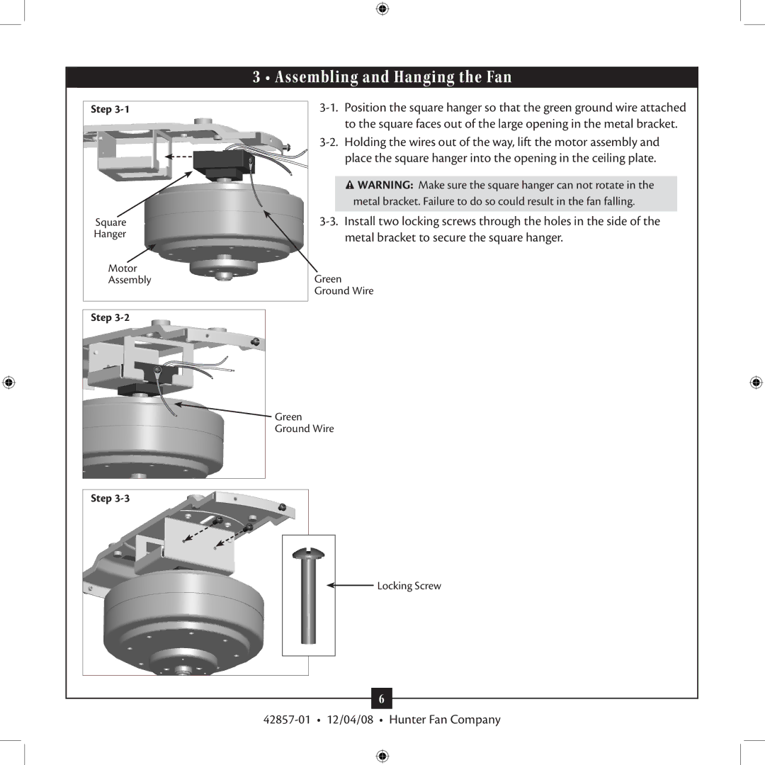 Hunter Fan 21322 installation manual Assembling and Hanging the Fan 