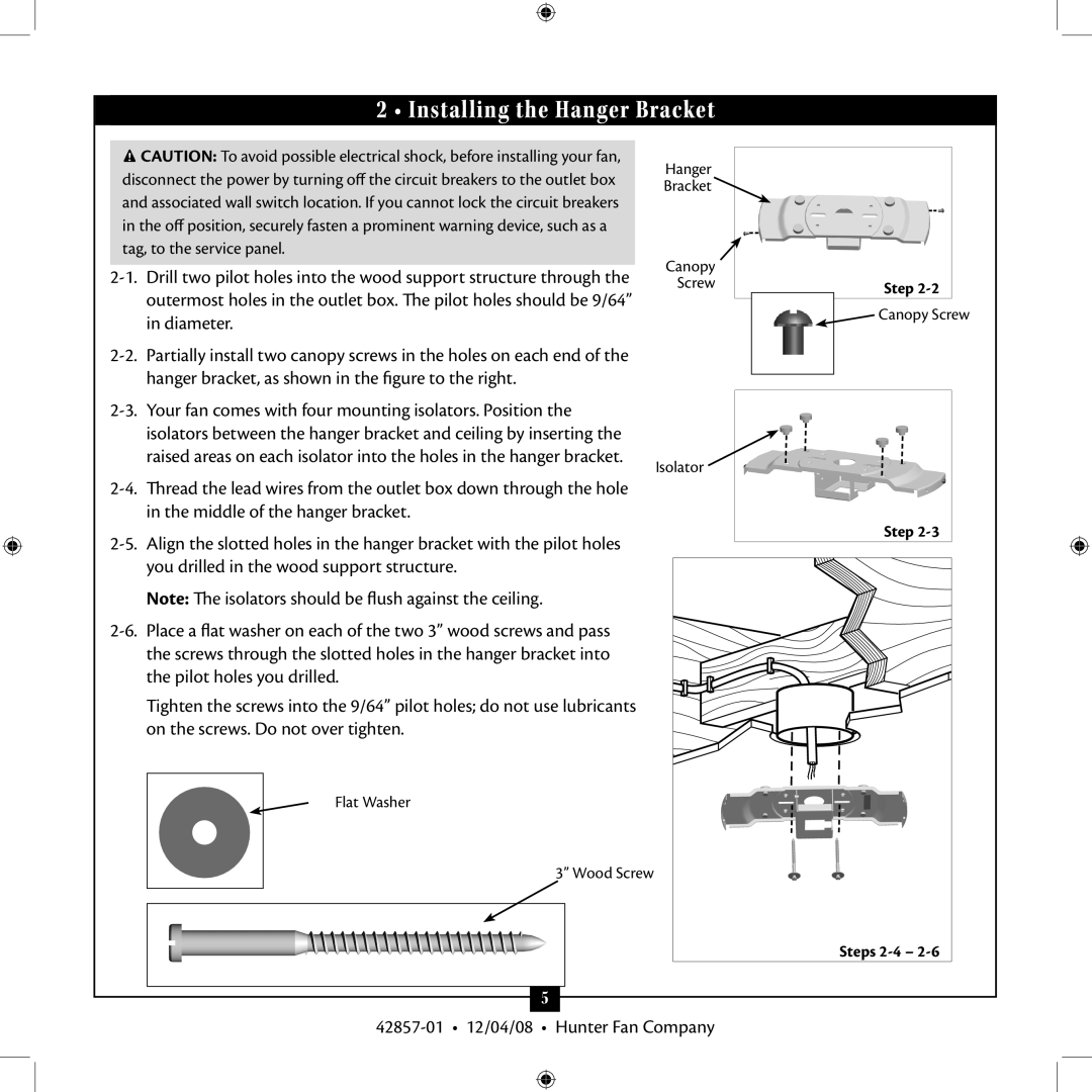 Hunter Fan 21322 installation manual Installing the Hanger Bracket 