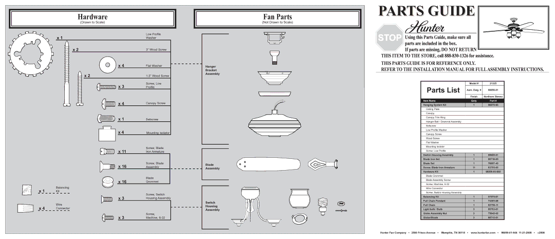 Hunter Fan 21325 installation manual Hardware, Fan Parts, Parts List, Not Drawn to Scale 