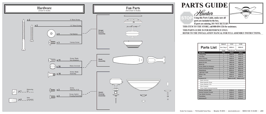 Hunter Fan 21321, 21328 installation manual Parts Guide, Hardware, Fan Parts, Parts List 