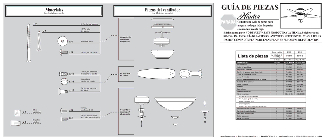 Hunter Fan 21328, 21321 installation manual Guía DE Piezas, Materiales, Piezas del ventilador, Lista de piezas 