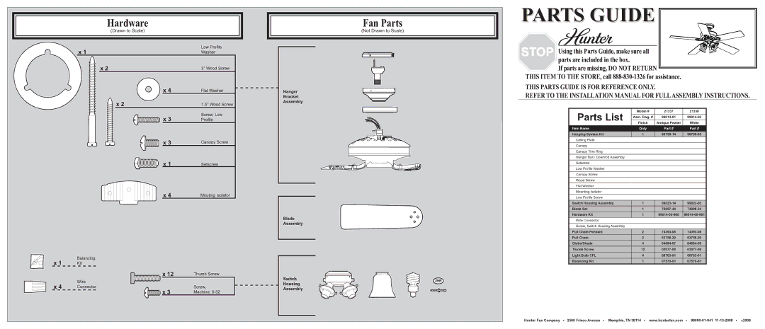 Hunter Fan 21337, 21338 installation manual Hardware, Fan Parts, Parts List, Not Drawn to Scale 