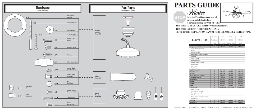 Hunter Fan 21361 installation manual Hardware, Fan Parts, Parts List, Not Drawn to Scale 