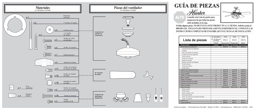 Hunter Fan 21361 installation manual Piezas del ventilador, Lista de piezas, No dibujados a escala, No dibujadas a escala 