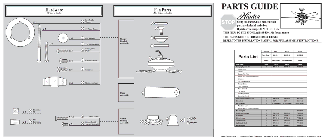 Hunter Fan 21421, 21423, 21422 installation manual Fan Parts, Parts List, Hanger Bracket Assembly Blade46 Switch, Housing 