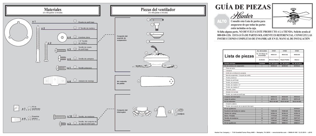 Hunter Fan 21422, 21423, 21421 installation manual Materiales, Piezas del ventilador, Lista de piezas 