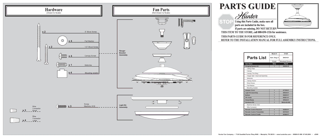 Hunter Fan 21425 installation manual Parts List, Item Name Qnty 