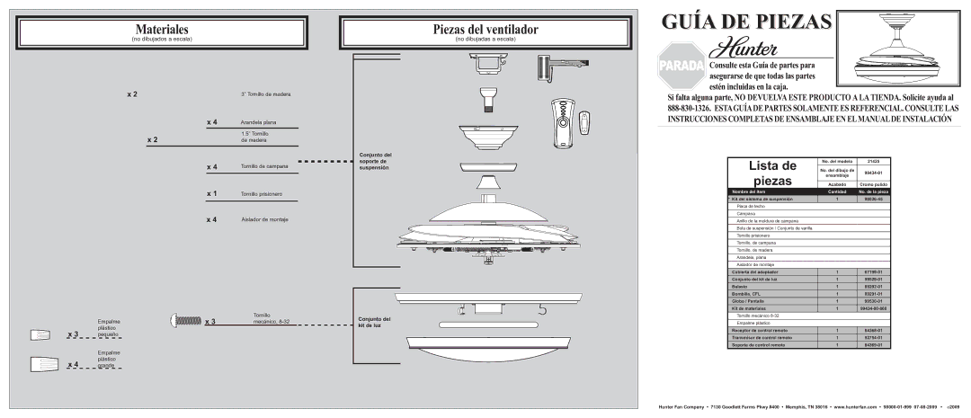 Hunter Fan 21425 installation manual Lista de, Piezas, Nombre del ítem 