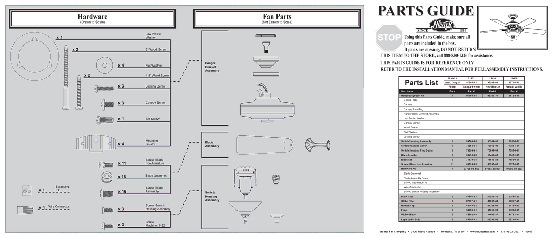 Hunter Fan 21434, 21435, 21433 installation manual Hardware, Fan Parts, Parts List, Not Drawn to Scale 