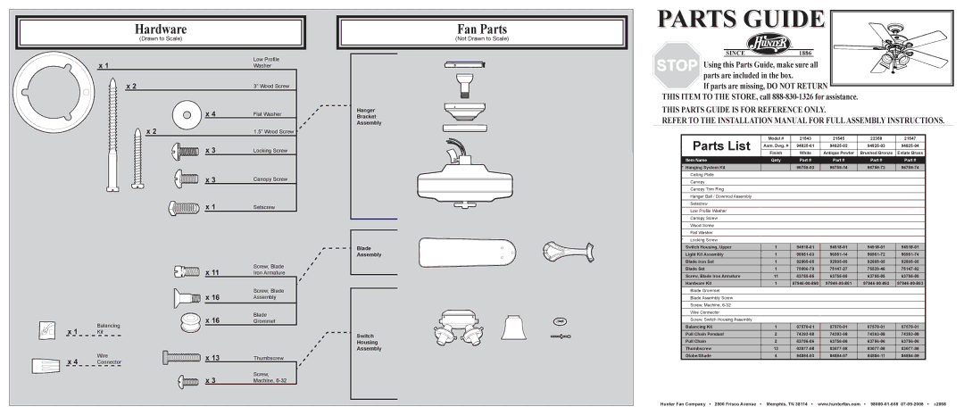 Hunter Fan 21547, 21545, 21543, 22358 installation manual Hardware, Fan Parts, Not Drawn to Scale 