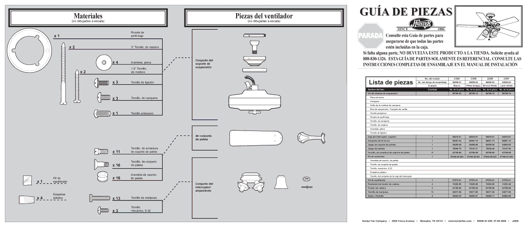 Hunter Fan 21543, 21545, 21547, 22358 installation manual Piezas del ventilador, No dibujados a escala, No dibujadas a escala 