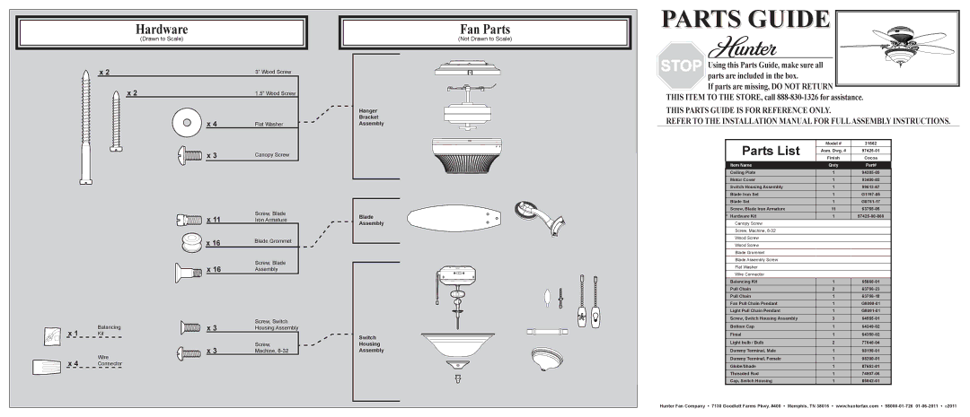 Hunter Fan 21562 installation manual Hardware, Fan Parts, Parts List, Not Drawn to Scale 