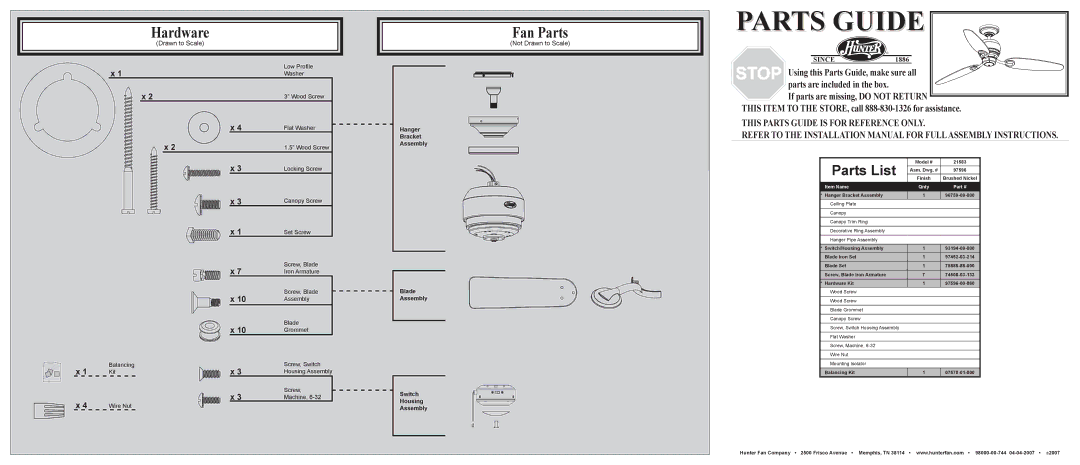 Hunter Fan 21583 installation manual Hardware, Fan Parts, Parts List, Not Drawn to Scale 