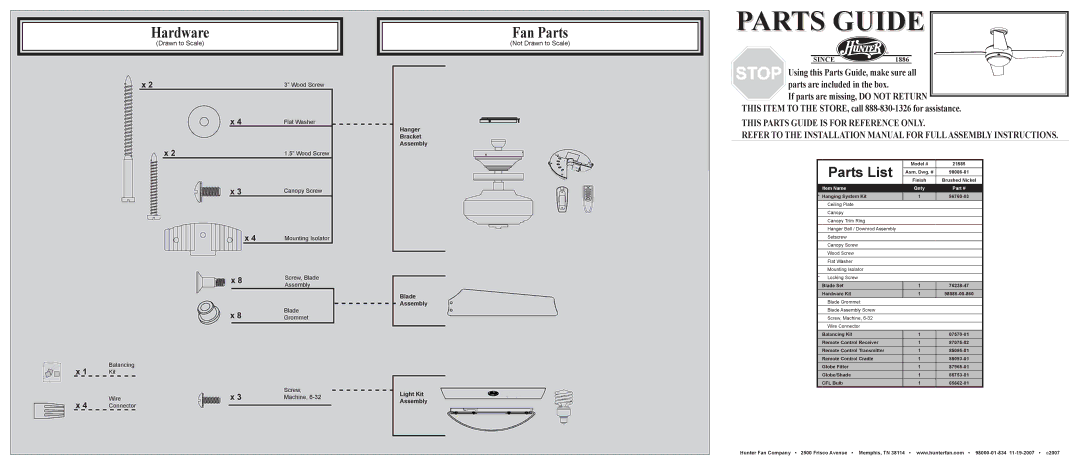 Hunter Fan 21585 installation manual Hardware, Fan Parts, Parts List, Not Drawn to Scale 