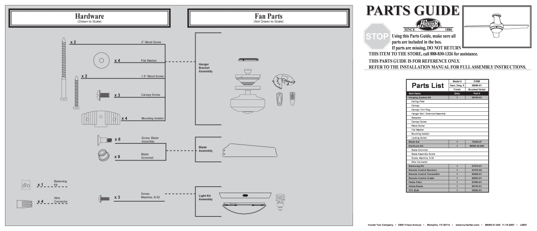 Hunter Fan 21585 installation manual Hardware, Fan Parts, Parts List, This Parts Guide Is For Reference Only 