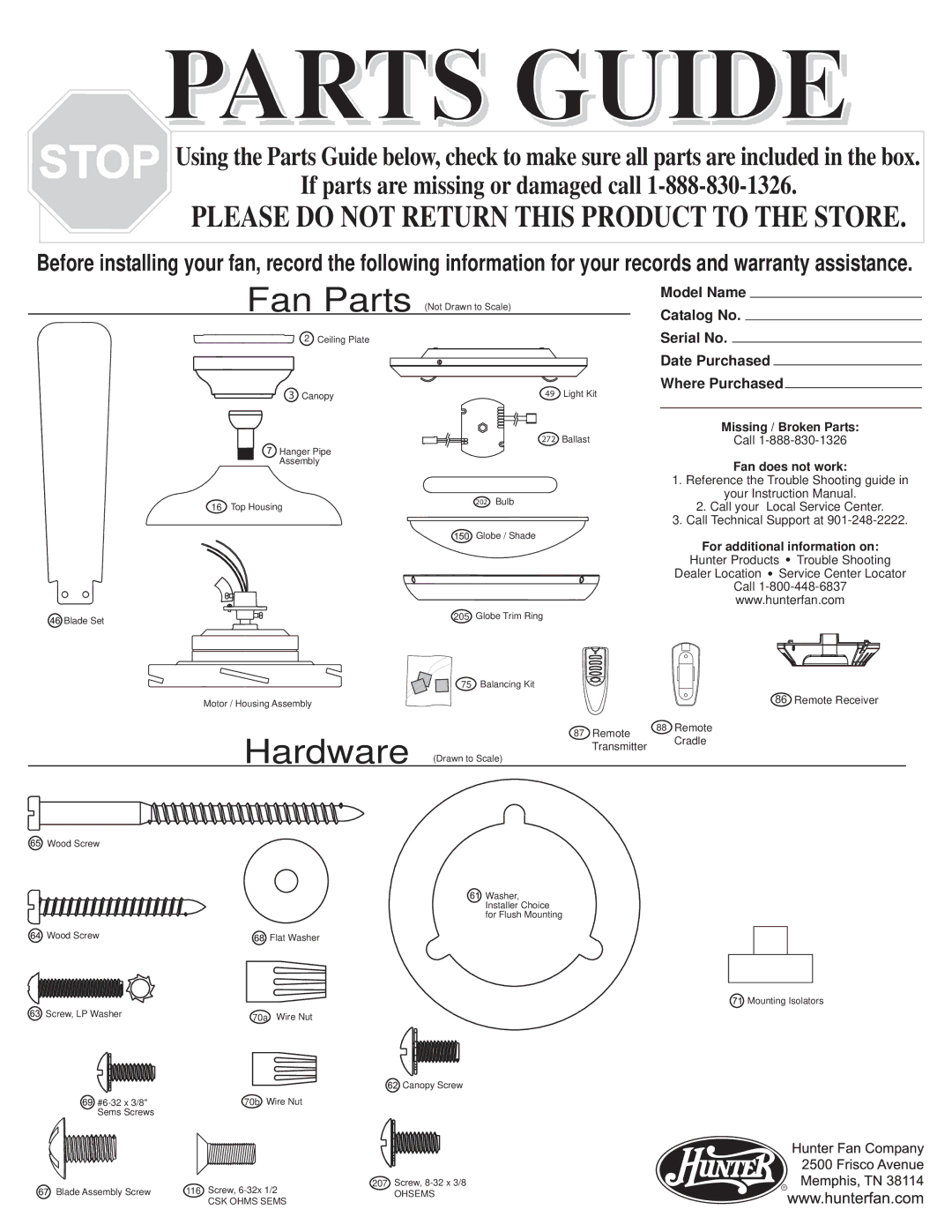 Hunter Fan 21620 warranty Catalog No, Model Name, Serial No, Date Purchased Where Purchased 