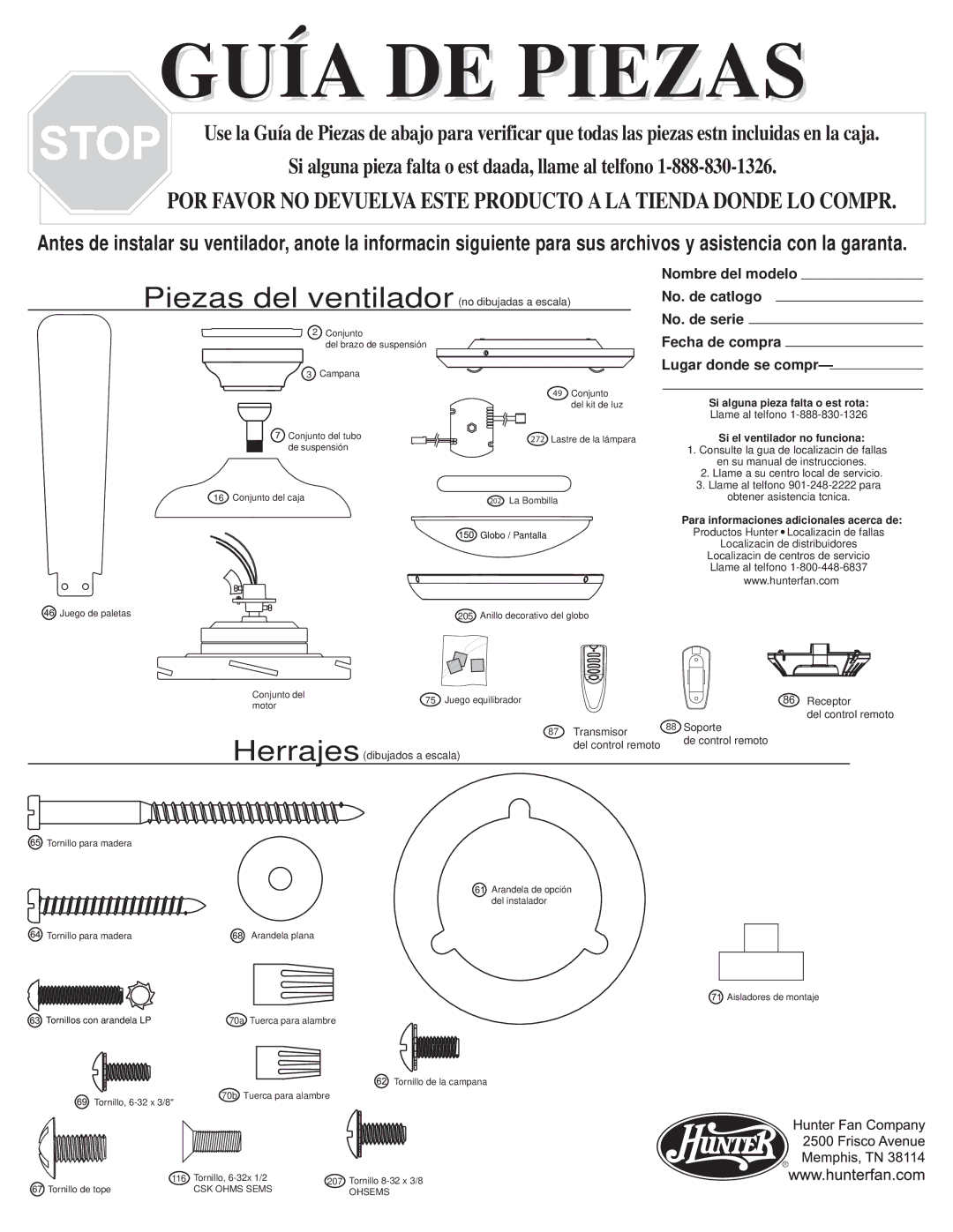 Hunter Fan 21620 warranty Nombre del modelo No. de catlogo No. de serie, Fecha de compra Lugar donde se compr 