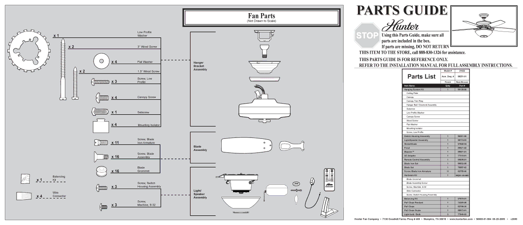 Hunter Fan 21623 installation manual Parts List, Item Name Qnty 