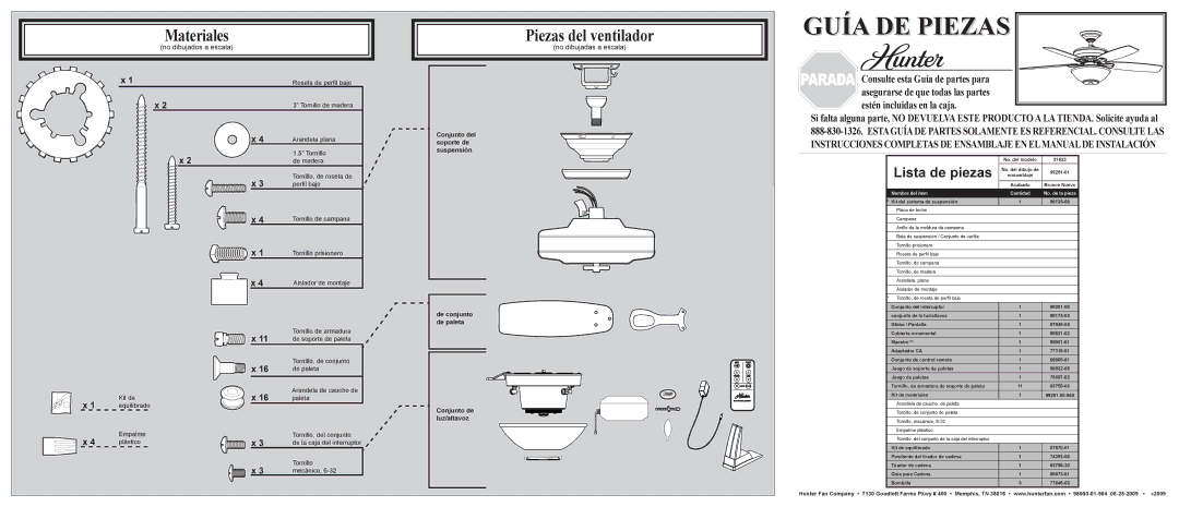 Hunter Fan 21623 installation manual Lista de piezas, Nombre del ítem, No. de la pieza 