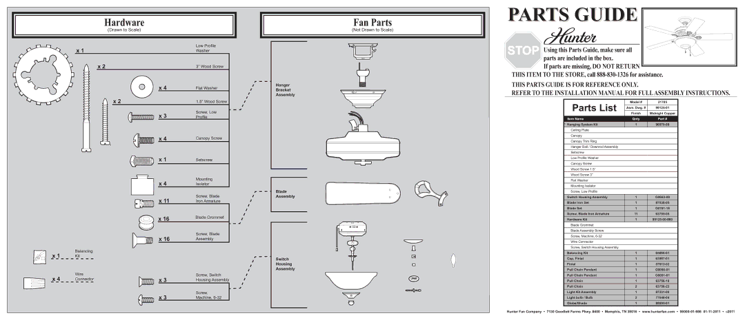 Hunter Fan 21705 installation manual Hardware, Fan Parts, Parts List, Not Drawn to Scale 