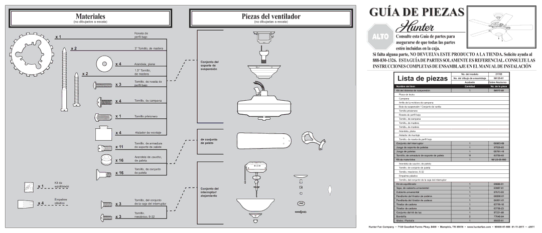 Hunter Fan 21705 installation manual Piezas del ventilador, Lista de piezas, No dibujados a escala, No dibujadas a escala 
