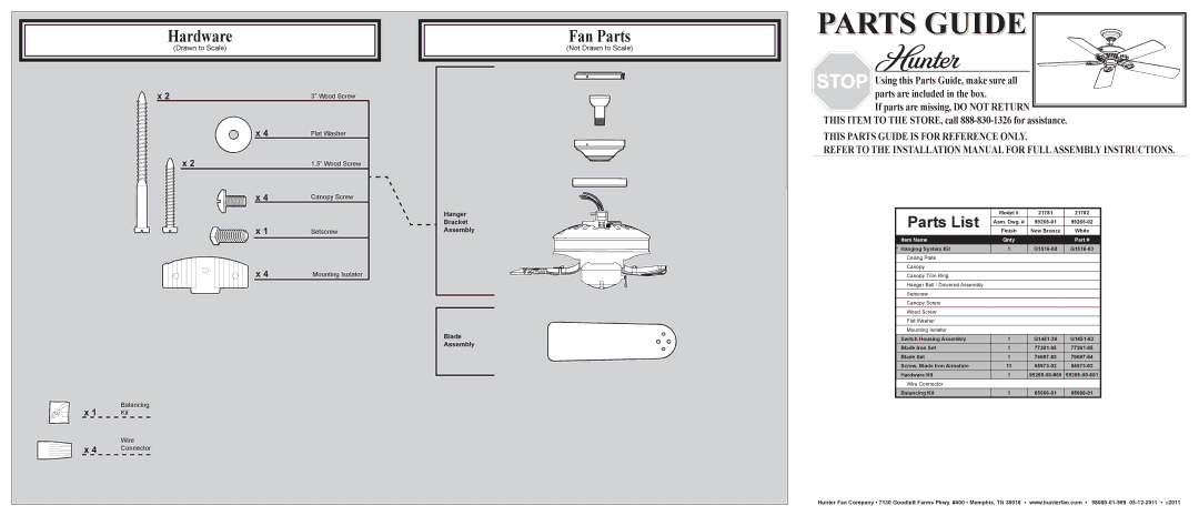 Hunter Fan 21781 installation manual Hardware, Fan Parts, Parts List, Not Drawn to Scale 