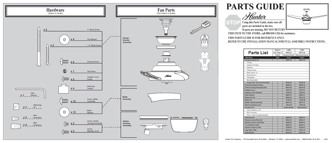 Hunter Fan 21806 installation manual Hardware, Fan Parts, Parts List, Not Drawn to Scale 