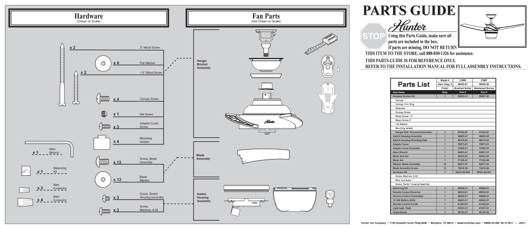 Hunter Fan 21806 installation manual Hardware, Fan Parts, Parts List, This Parts Guide Is For Reference Only 