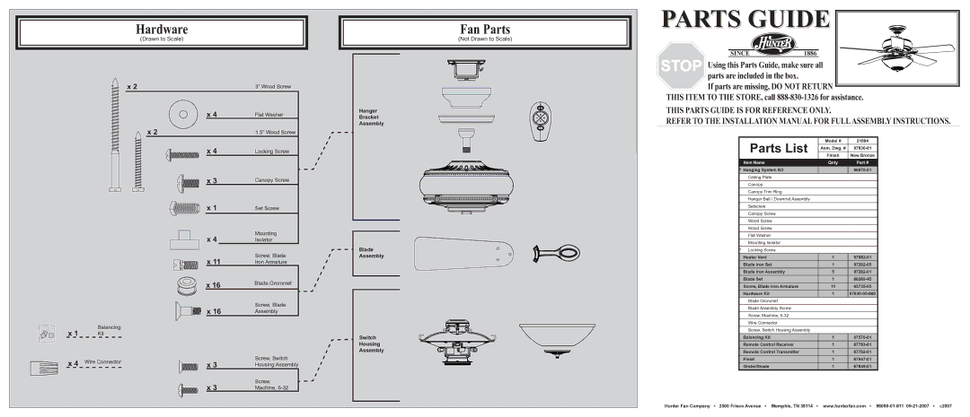 Hunter Fan 21894 installation manual Hardware, Fan Parts, Parts List, Not Drawn to Scale 