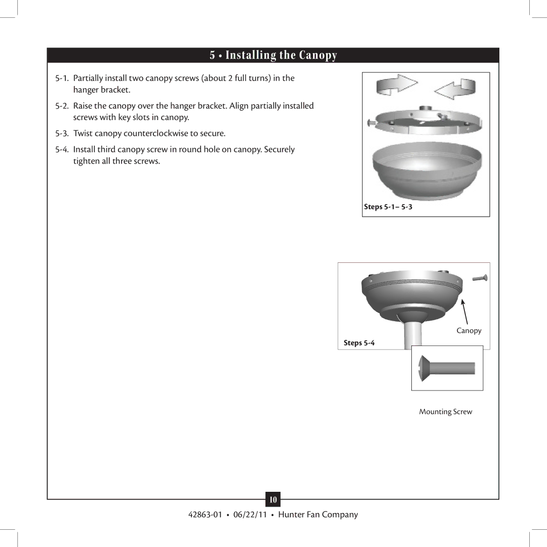 Hunter Fan 21958 installation manual Installing the Canopy 