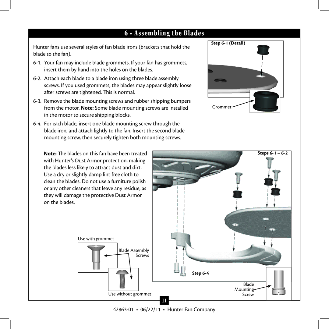 Hunter Fan 21958 installation manual Assembling the Blades, Motor to secure shipping blocks 