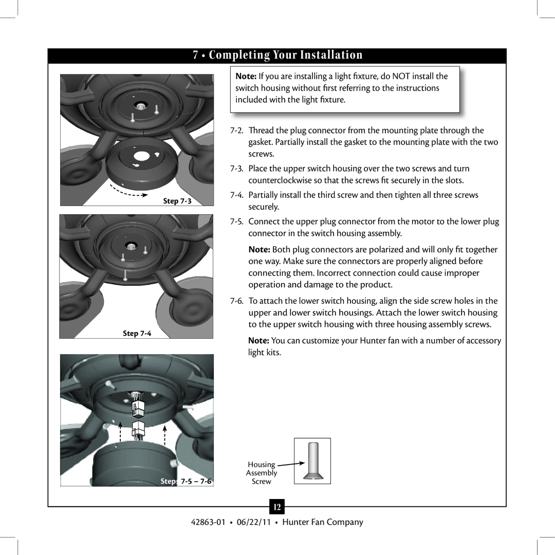 Hunter Fan 21958 installation manual Completing Your Installation 