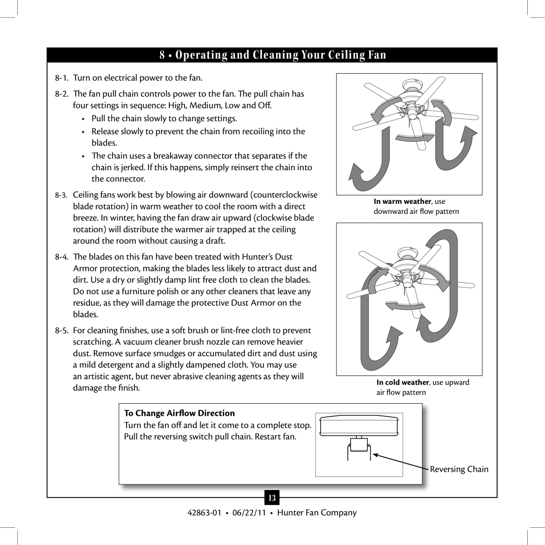 Hunter Fan 21958 installation manual Operating and Cleaning Your Ceiling Fan, To Change Airflow Direction 