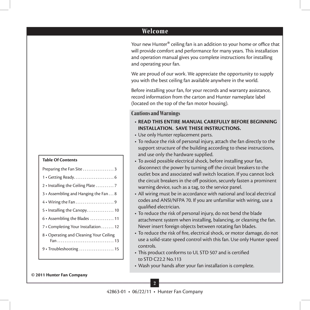 Hunter Fan 21958 installation manual Welcome, Table Of Contents 