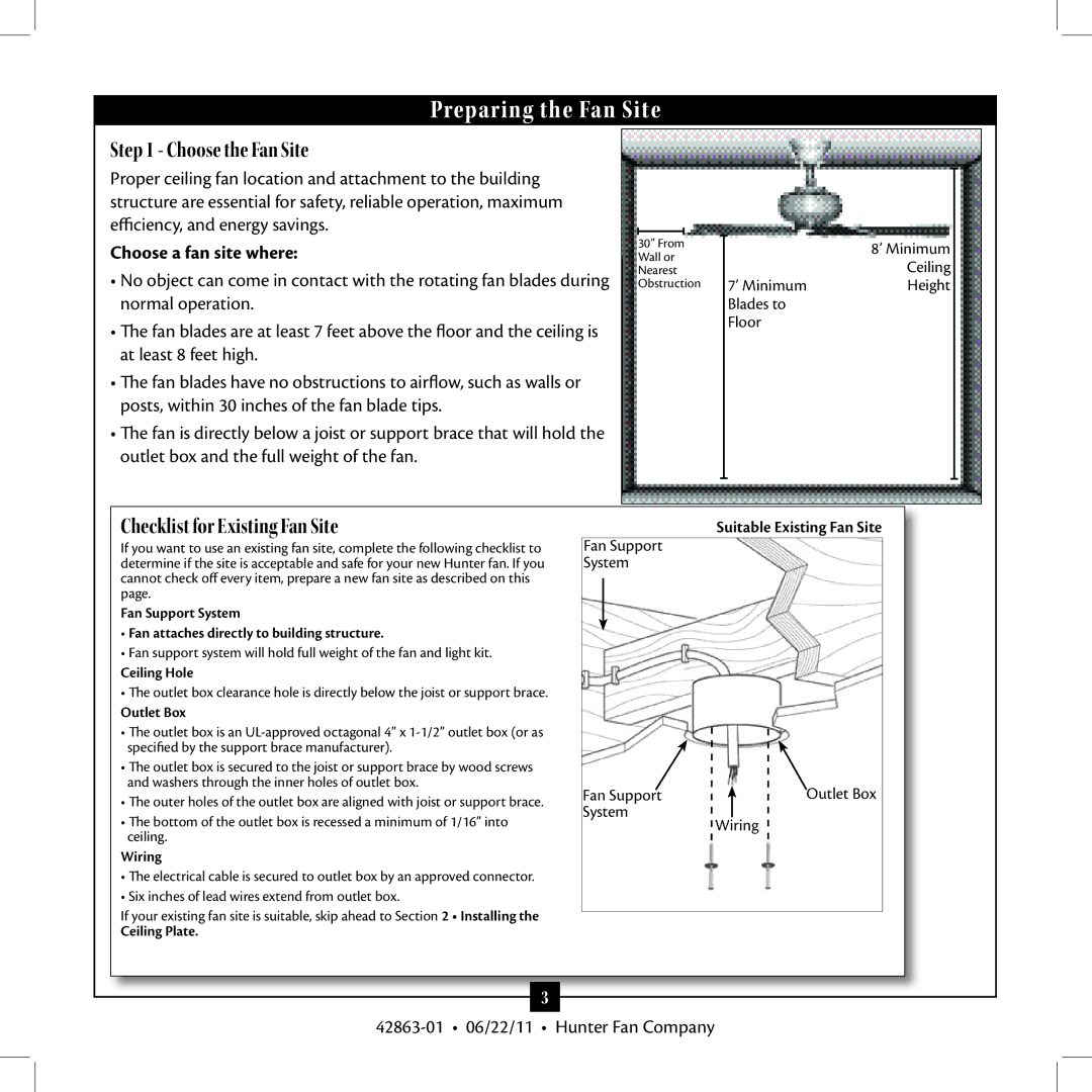 Hunter Fan 21958 Preparing the Fan Site, Choose the Fan Site, Checklist for Existing Fan Site, Choose a fan site where 