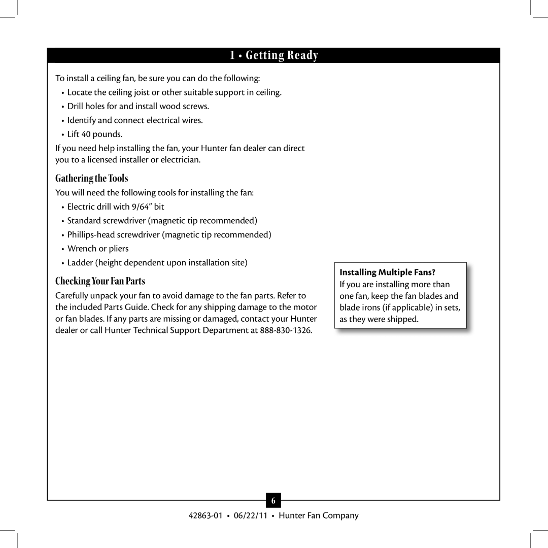 Hunter Fan 21958 installation manual Getting Ready, Gathering the Tools, Checking Your Fan Parts, Installing Multiple Fans? 